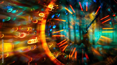 Blur light trail, glowing lines, energetic flow, close up, focus on, copy space, vivid and electric palette, Double exposure silhouette with clock face
