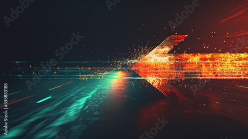 A blurred arrow pointing right, against a black background, with a gradient of orange and teal colors. The focus is on the arrow's silhouette, creating an abstract shape that suggests motion or photo