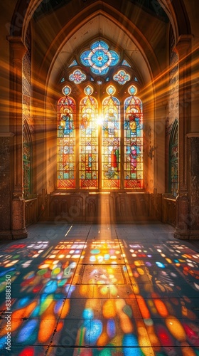 Wallpaper Mural Luminous sun rays pierce through the vivid stained glass, creating a divine play of light and shadow inside the solemn church interior Torontodigital.ca