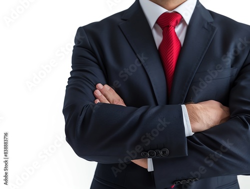 Closeup arms crossed, studio isolated on white, formal business , confident boss arm crossing.