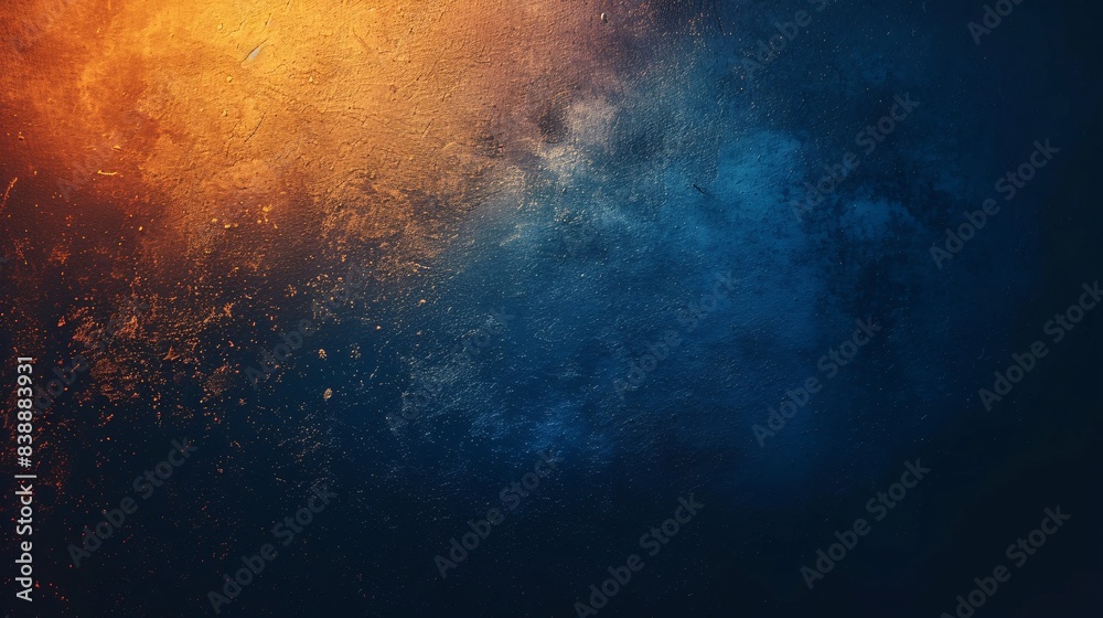 Dark blue background with orange gradient light effect, grainy texture, blurred, minimalist style, large area of blank space on the left side of screen, subtle gradient background, dark background,