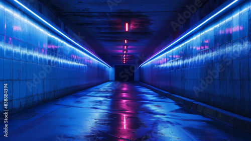 Subway tunnel underground with neon lights for background and design. Underground crossing. © Evgeniia