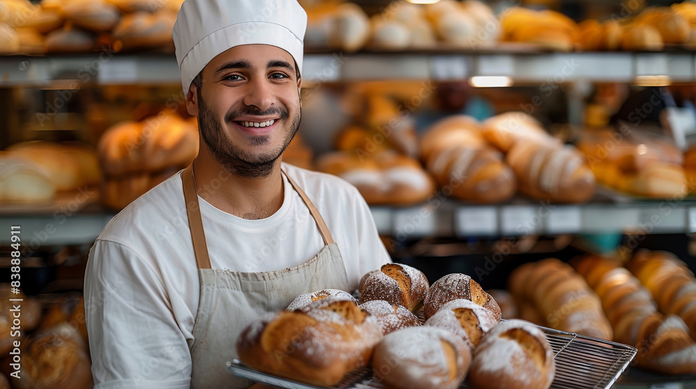 A smiling baker is holding an bakery rack, while in the background there is an array of freshly baked bread and pastries on shelves, ready for sale. Generative AI. A smiling baker is holding an bakery rack, while in the background there is an array of freshly baked bread and pastries on shelves, ready for sale. Generative AI.