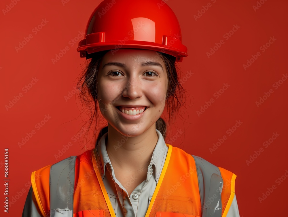 portrait of young, joyful engineer woman in a hard hat and safety vest, front view Emphasize happiness and professionalism , studio shot isolated on random background color