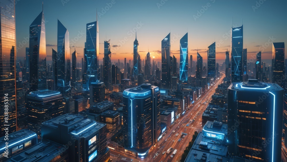 Naklejka premium Futuristic Cityscape at Sunset