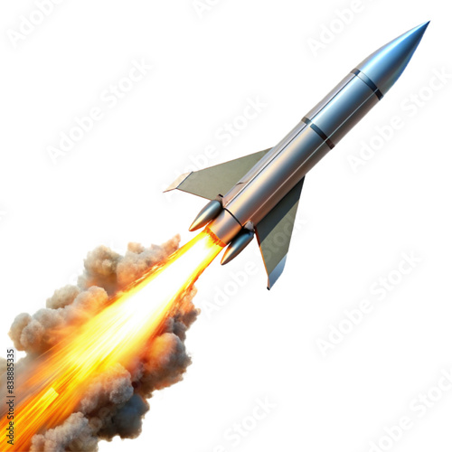 A missile cruise with fire and spray isolated on transparent background