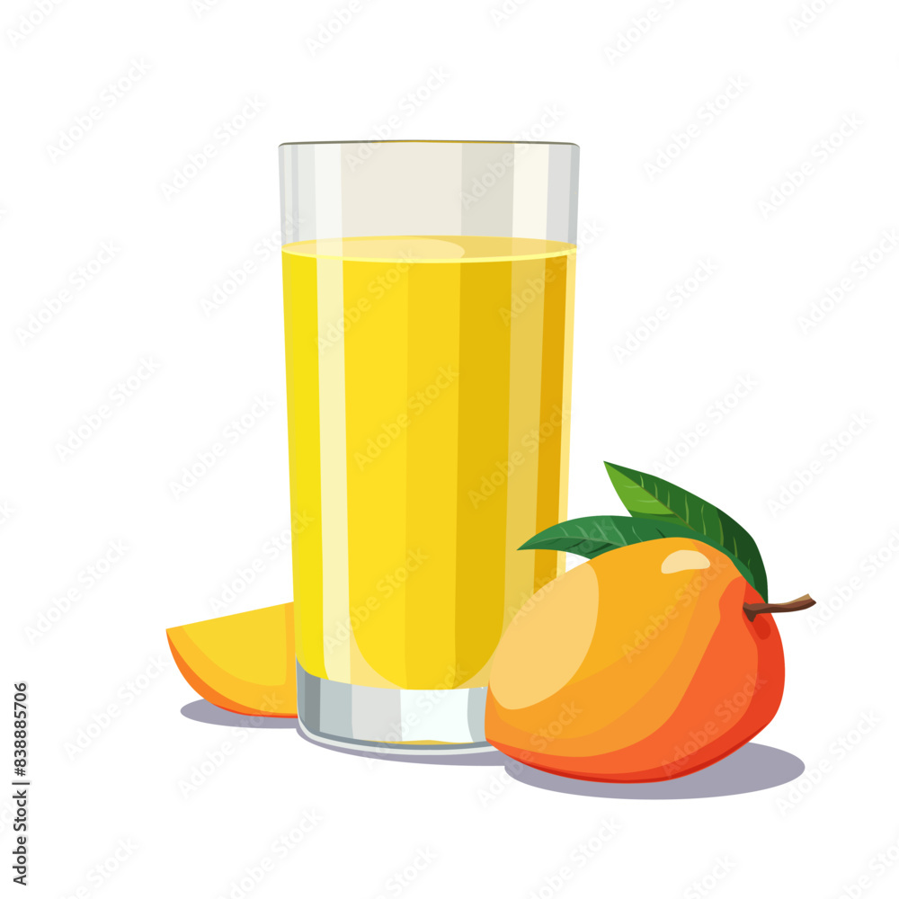 Full glass of yellow freshly squeezed mango juice. Isolated vector summer drink for flat design