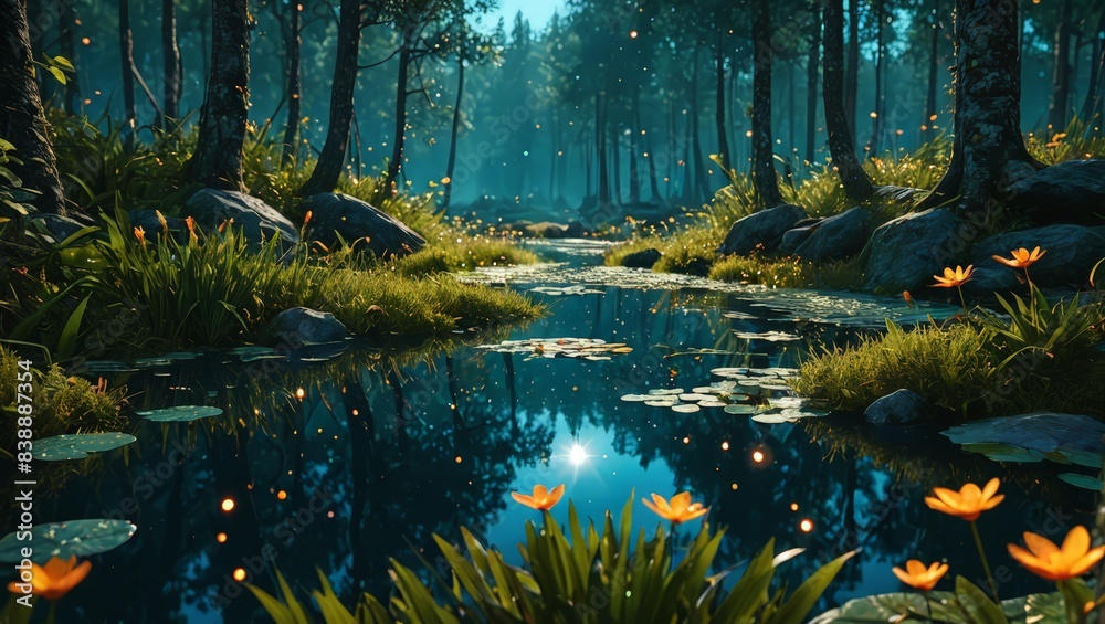 Enchanting Forest Stream with Fireflies and Water Lilies Enchanting Forest Stream with Fireflies and Water Lilies
