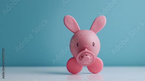 Pink bunny toy with a pacifier  set against a blue background.