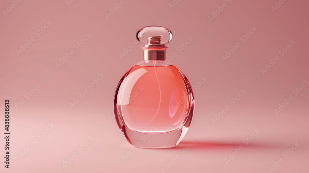 Elegantly designed perfume bottle with a pink hue on a pink background.
