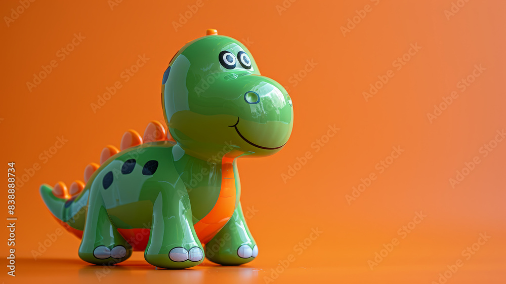 Green toy dinosaur on an orange background, smiling. Green toy dinosaur on an orange background, smiling.