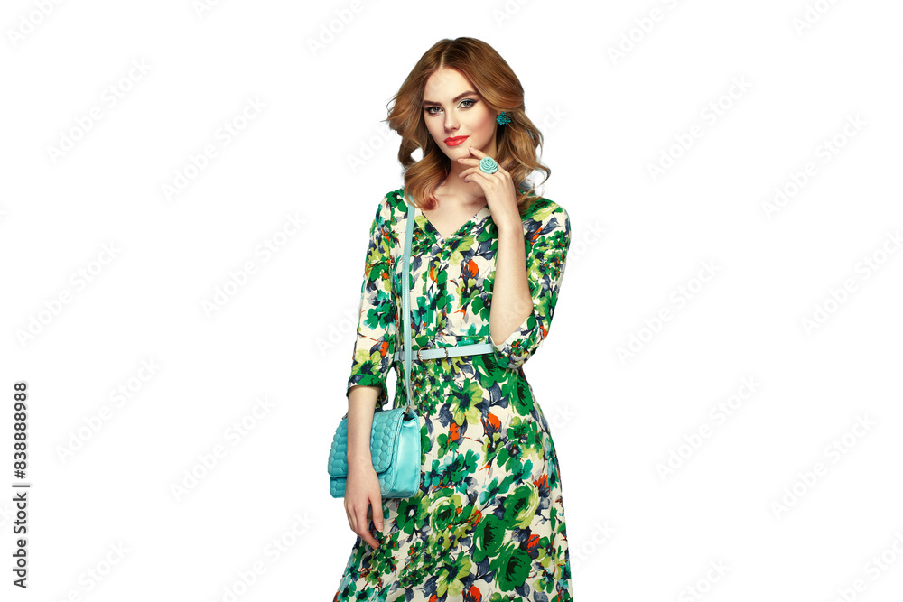 Blonde young woman in floral spring summer dress. Girl posing on a transparent background. Summer floral outfit. Fashion photo. Glamour lady with handbag Blonde young woman in floral spring summer dress. Girl posing on a transparent background. Summer floral outfit. Fashion photo. Glamour lady with handbag