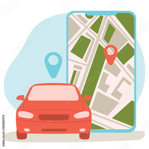 Online ordering taxi car, rent and sharing using service mobile application. Smartphone screen with route and points location on city map on car and urban landscape background