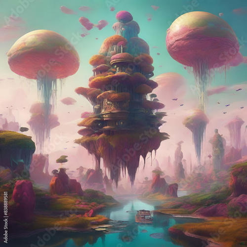 Surreal Landscapes: Fantasy worlds with floating islands, alien flora, and unusual color palettes. #838889581