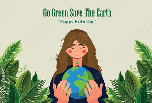 Earth day concept, with a woman holding the earth in her palm, Caring for Nature, Save the Earth concept, Vector illustration.