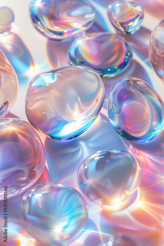 Cluster of round holographic crystals reflecting a rainbow of colors. Perfect for projects needing a touch of modern elegance and futuristic appeal. Vertical picture. Cluster of round holographic crystals reflecting a rainbow of colors. Perfect for projects needing a touch of modern elegance and futuristic appeal. Vertical picture.