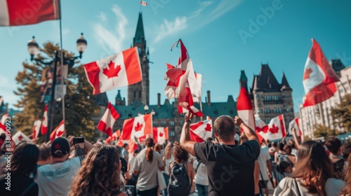 Canada day celebrating city. People with national flags. Background illustration generated by ai