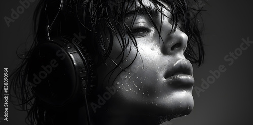 Close up portrait of young handsome stylish man listening to music with headphones