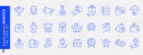 Exclusive benefit icons. Loyalty program line icon set with star, diamond, vip client, gift voucher, discount coupon, redeem points, prize, membership card. Special bonus symbol. Cashback, save money.