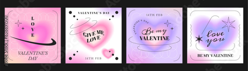 Vector happy valentine's day greeting cards with aura heart blurred gradient. Love covers with romantic symbol. Minimalist poster or invitation banner in trendy y2k style. Social media post templates.