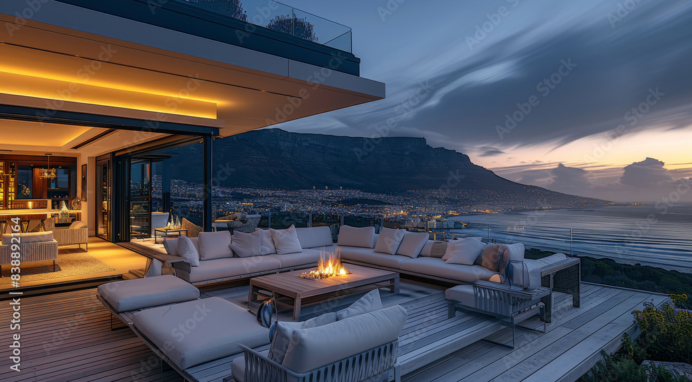 Fototapeta premium On the roof terrace of an elegant beachfront house, overlooking table mountain at night, there is modern outdoor furniture with wooden accents and white. Generative AI.