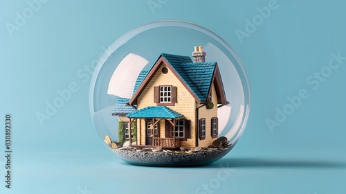 Small house model in glass dome on blue background