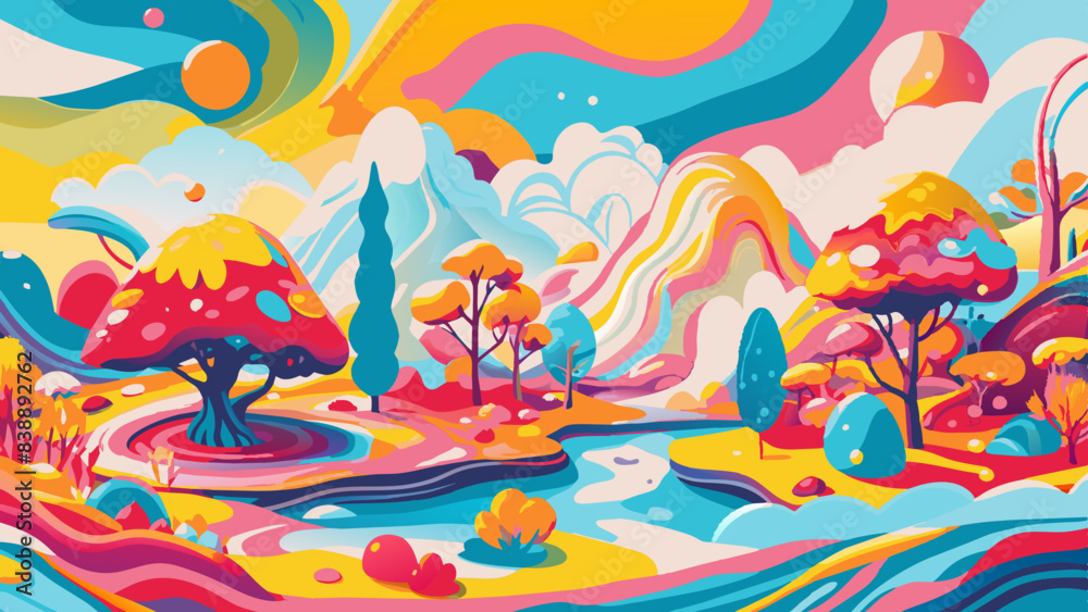Fototapeta premium Vibrant Fantasy Landscape with Colorful Mushrooms and Whimsical Nature