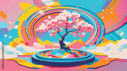 Surreal Cherry Blossom Tree in Vibrant Fantasy Landscape