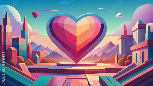 Vibrant Heart-Shaped Monument in a Colorful Futuristic Cityscape at Sunset