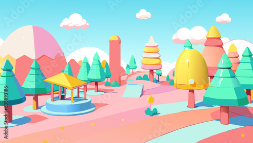 Wallpaper Mural Vibrant Cartoon Landscape with Pastel Color Palette and Whimsical Scenery Torontodigital.ca