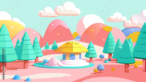 Vibrant Cartoon Landscape with Pastel Mountains and Whimsical Trees