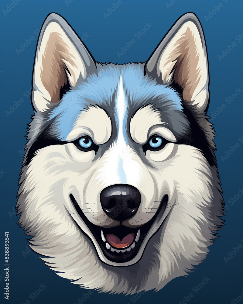 Digital illustration of a husky dog with blue eyes, featuring detailed fur and shading on a blue background. Digital illustration of a husky dog with blue eyes, featuring detailed fur and shading on a blue background.