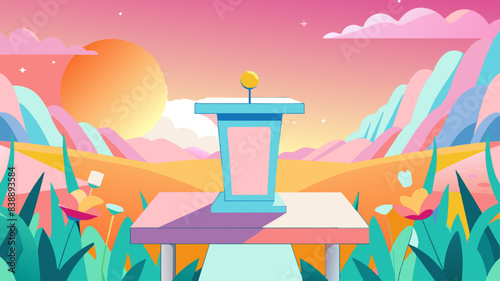 Serene Sunset Podium in Vibrant Cartoon Landscape