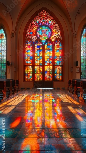 Soft morning sunlight breaks through the stained glass windows, painting the church walls with a spectrum of colors, a tranquil and holy atmosphere