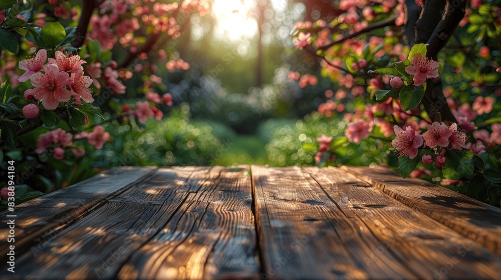 Springtime Beauty: Wooden Table in Garden with Lush Green Foliage and Flowering Branches Under Sunlight
