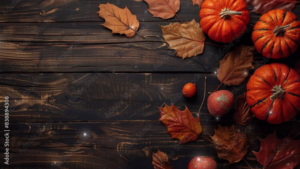 Concept of Thanksgiving day or Halloween. Thanksgiving background from dry leaves, pumpkin and pine cones. on wood Table Top. Thanksgiving Greetings.  Copy space for text. Thanksgiving Greeting Card  