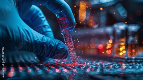 DNA Test Vial with Red Liquid in Medical Laboratory.