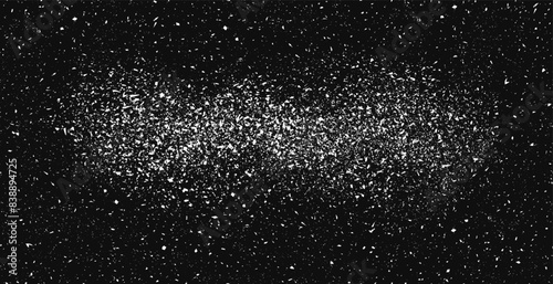 White grunge speckle on black background. Distress grain abstract texture with grungy splash dirty pattern. Backdrop with specks, grit, scratches, rough sand effect  