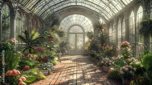 An elegant of an ornate Victorian greenhouse filled with a variety of exotic plants and flowers. Generative AI.