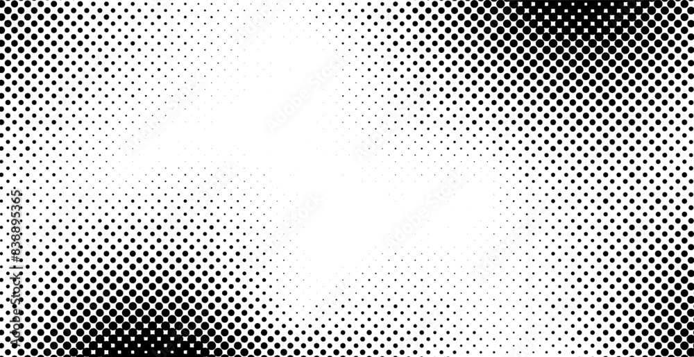 Naklejka premium Abstract gradient halftone wave dotted textured pattern. Black grunge speckle on white background overlay. Retro comic pop art backdrop with halftone dots design