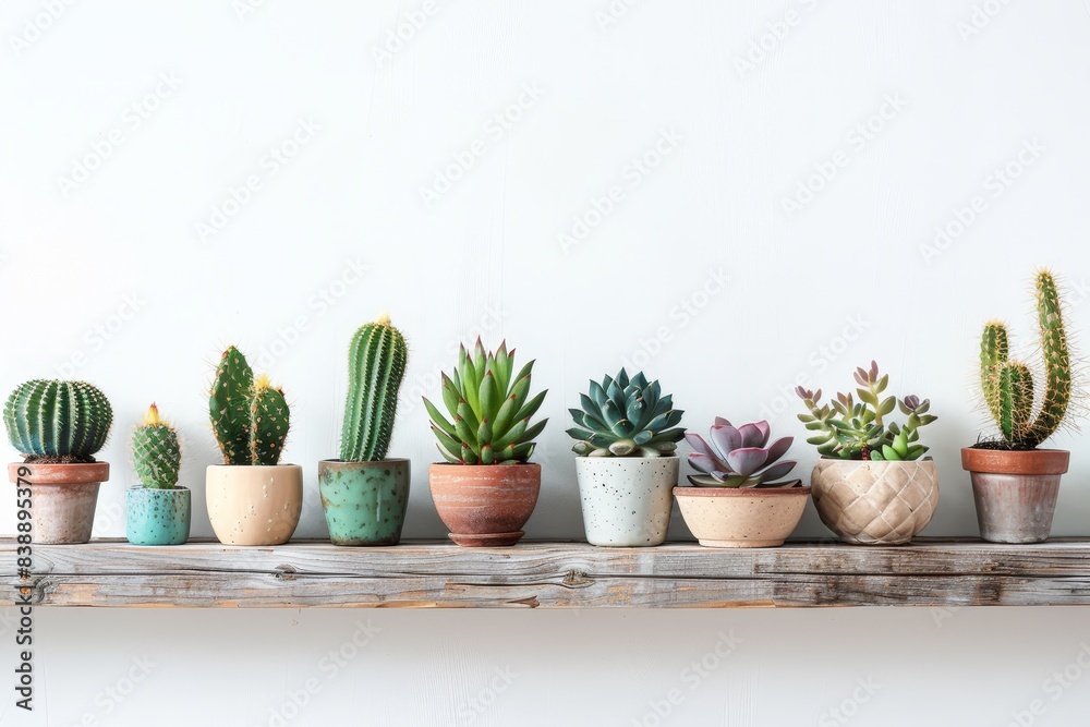Shelf with Mexican different cactuses in colored pots Shelf with Mexican different cactuses in colored pots