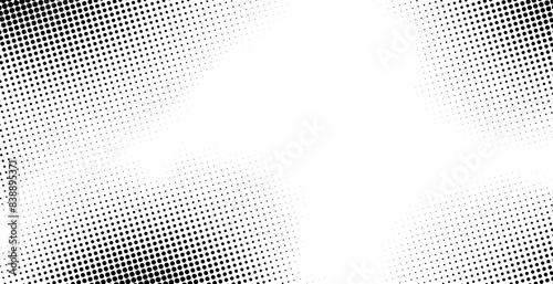 Abstract gradient halftone wave dotted textured pattern. Black grunge speckle on white background overlay. Retro comic pop art backdrop with halftone dots design