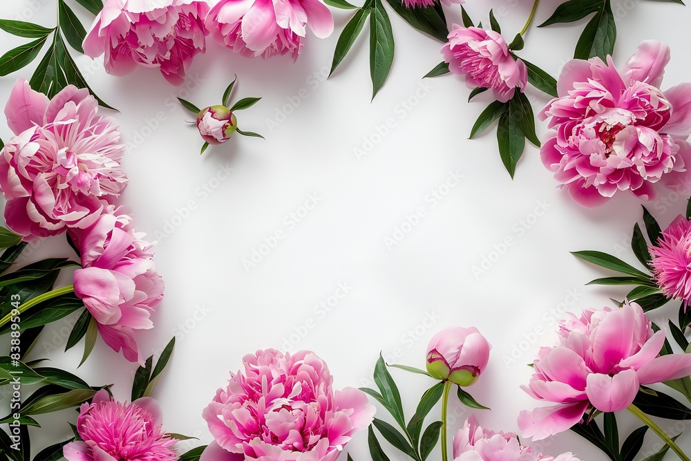 Frame made of beautiful peony flowers on white background. Flat lay, copy space, summer flowers Frame made of beautiful peony flowers on white background. Flat lay, copy space, summer flowers