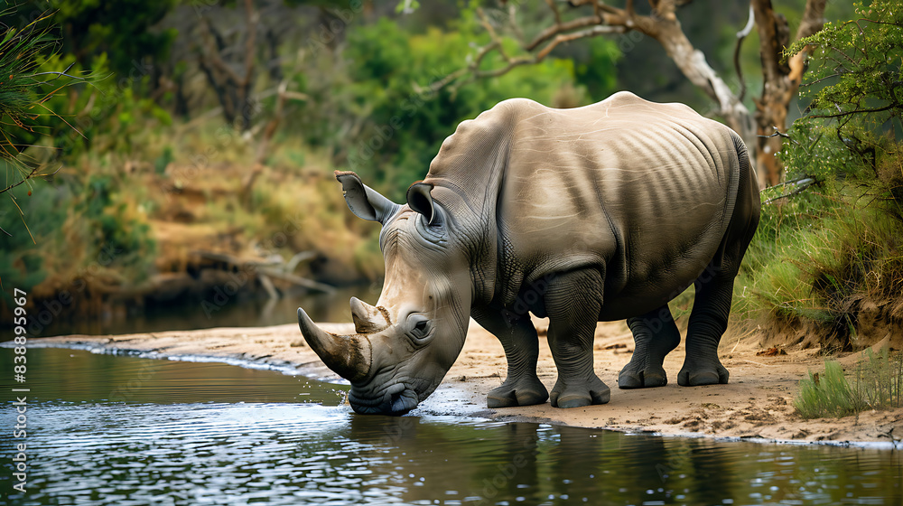 Rhinoceros drinking water from a river in the wild Savannah Rhinoceros drinking water from a river in the wild Savannah