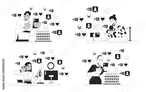 Influencer marketing black and white 2D illustration concept set. Video bloggers diverse cartoon outline characters isolated on white. Social media popularity metaphor monochrome vector art collection