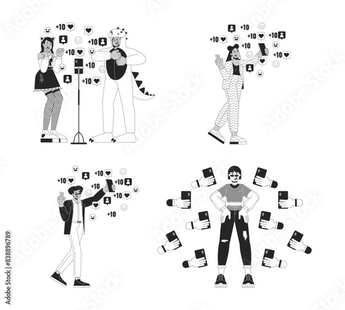Viral influencers on social media black and white 2D illustration concept set. Multicultural vloggers cartoon outline characters isolated on white. Popularity metaphor monochrome vector art collection