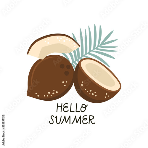 Summer card with coconuts, palm leaves. Hand lettering 