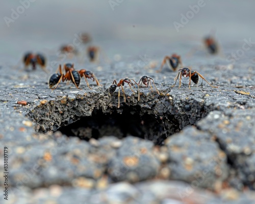 A macro image of a pavement ant nest between sidewalk cracks, with ants navigating the tiny entrance holes photo