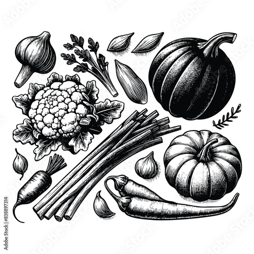 hand drawn vegetable black and white illustration. fresh vegetable drawing, isolated on white background