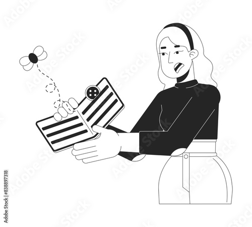 Financial insecurity black and white cartoon flat illustration. Disappointed caucasian woman with empty wallet 2D lineart character isolated. Lack of money monochrome scene vector outline image